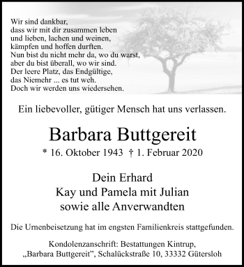 Traueranzeige von Barbara Buttgereit von Neue Westfälische