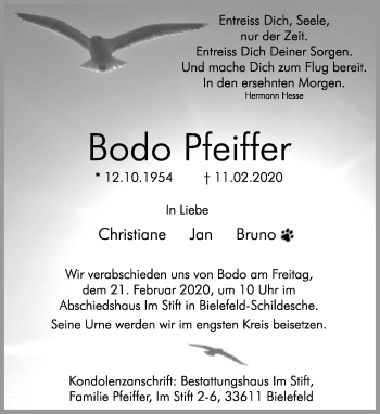 Traueranzeige von Bodo Pfeiffer von Neue Westfälische