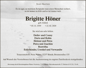 Traueranzeige von Brigitte Höner von Neue Westfälische
