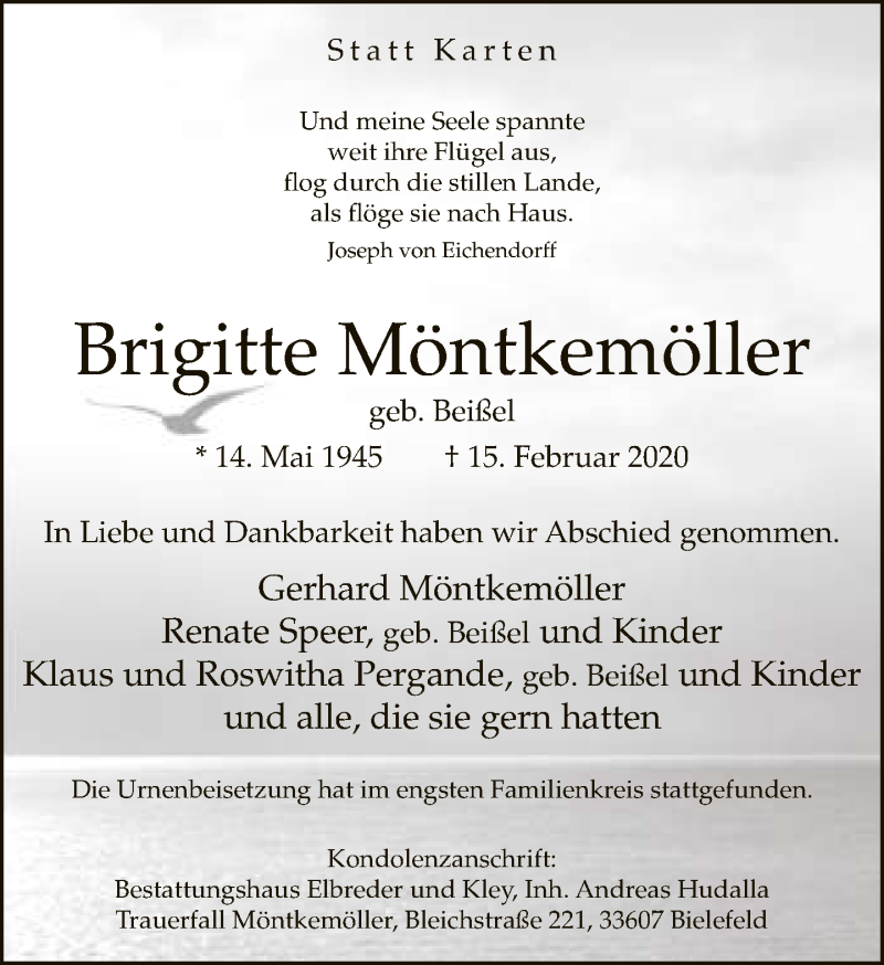  Traueranzeige für Brigitte Möntkemöller vom 29.02.2020 aus Neue Westfälische