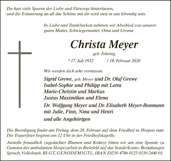 Traueranzeige von Christa Meyer von Neue Westfälische