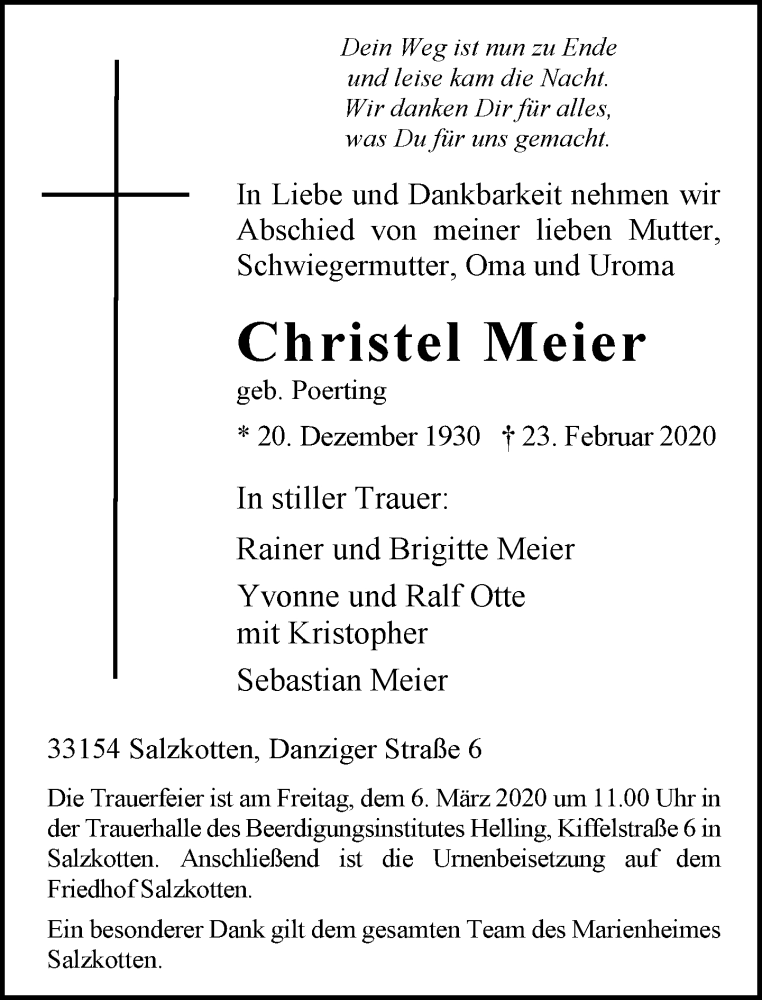  Traueranzeige für Christel Meier vom 29.02.2020 aus Neue Westfälische