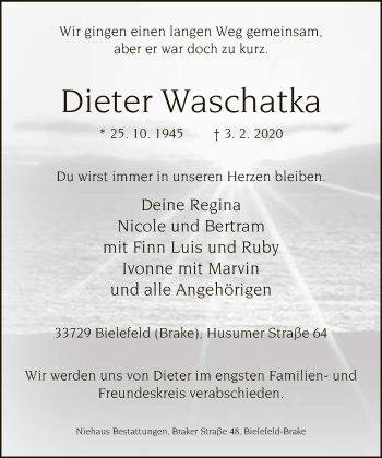 Traueranzeige von Dieter Waschatka von Neue Westfälische