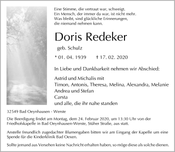 Traueranzeige von Doris Redeker von Neue Westfälische
