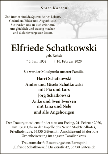 Traueranzeige von Elfriede Schatkowski von Neue Westfälische