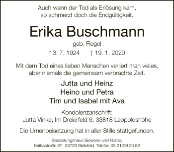 Traueranzeige von Erika Buschmann von Neue Westfälische
