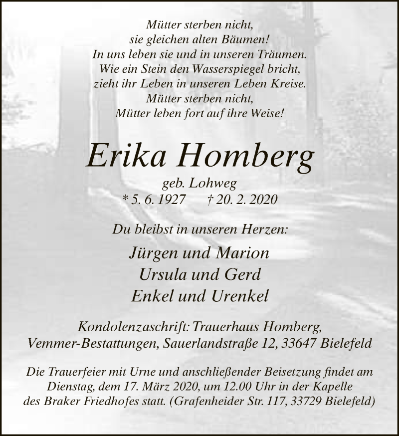  Traueranzeige für Erika Homberg vom 29.02.2020 aus Neue Westfälische
