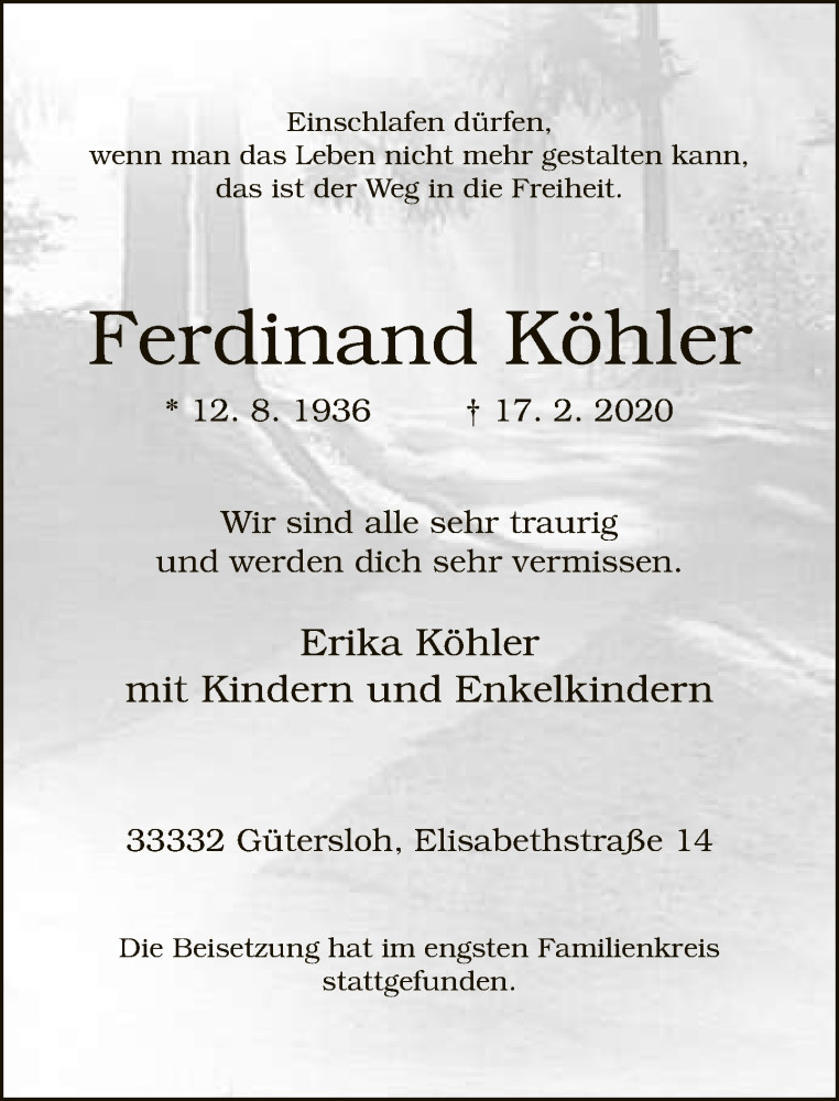  Traueranzeige für Ferdinand Köhler vom 27.02.2020 aus Neue Westfälische