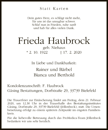 Traueranzeige von Frieda Haubrock von Neue Westfälische