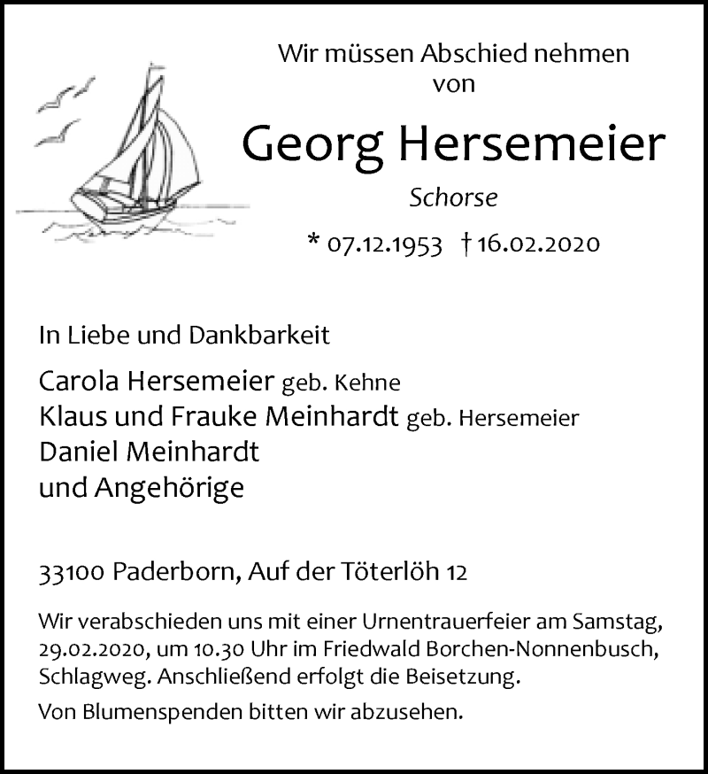  Traueranzeige für Georg Hersemeier vom 22.02.2020 aus Neue Westfälische