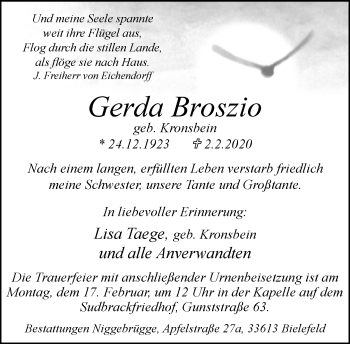 Traueranzeige von Gerda Broszio von Neue Westfälische