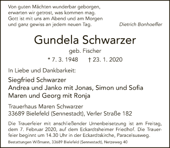 Traueranzeige von Gundela Schwarzer von Neue Westfälische