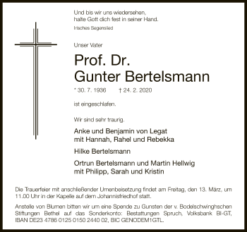 Traueranzeige von Gunter Bertelsmann von Neue Westfälische