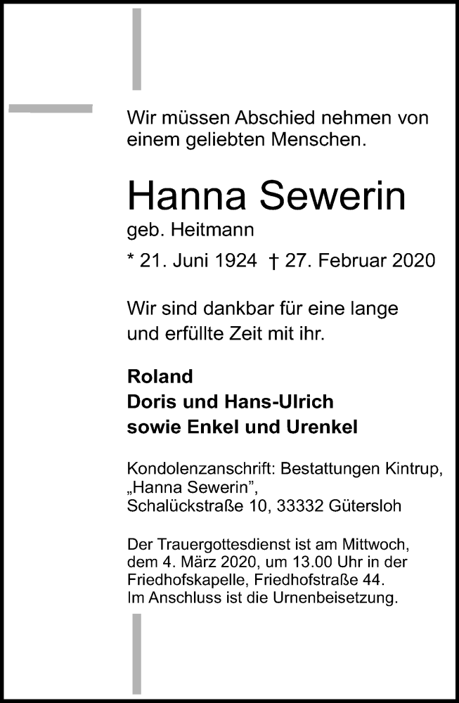  Traueranzeige für Hanna Sewerin vom 29.02.2020 aus Neue Westfälische