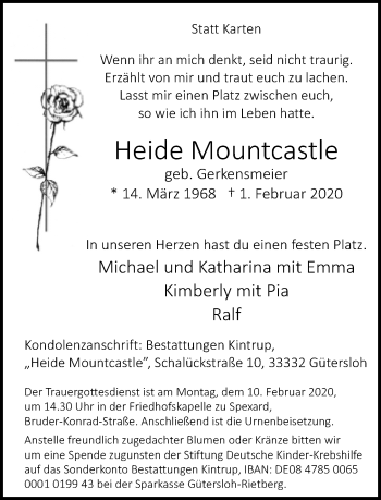 Traueranzeige von Heide Mountcastle von Neue Westfälische