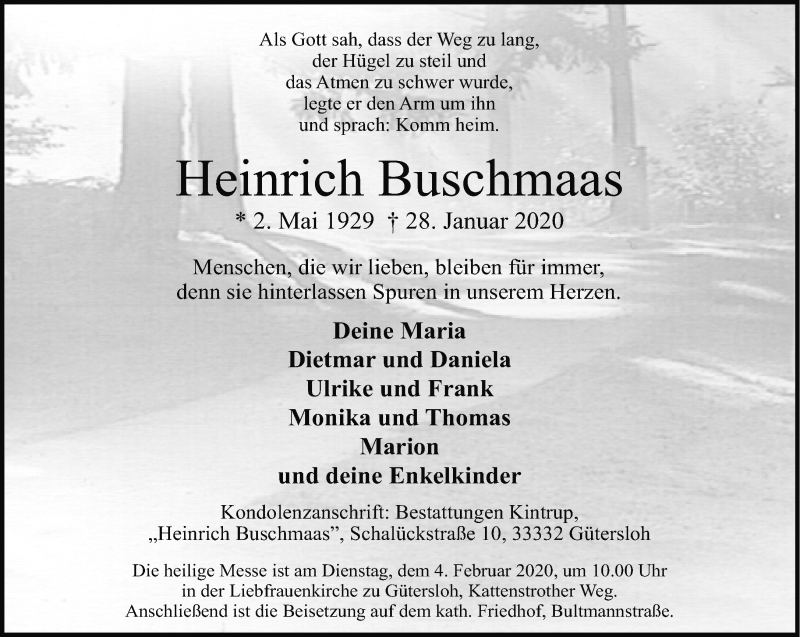  Traueranzeige für Heinrich Buschmaas vom 01.02.2020 aus Neue Westfälische