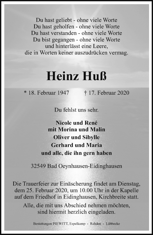 Traueranzeige für Heinz Huß vom 22.02.2020 aus Neue Westfälische