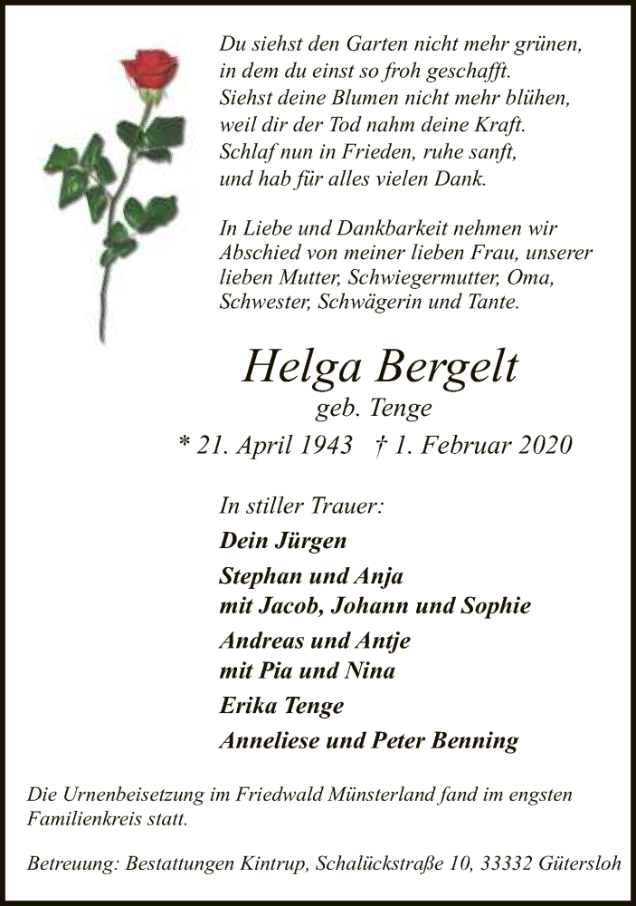  Traueranzeige für Helga Bergelt vom 17.02.2020 aus Neue Westfälische