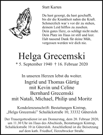 Traueranzeige von Helga Grecemski von Neue Westfälische