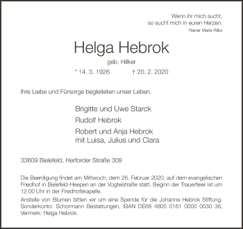 Traueranzeige von Helga Hebrok von Neue Westfälische