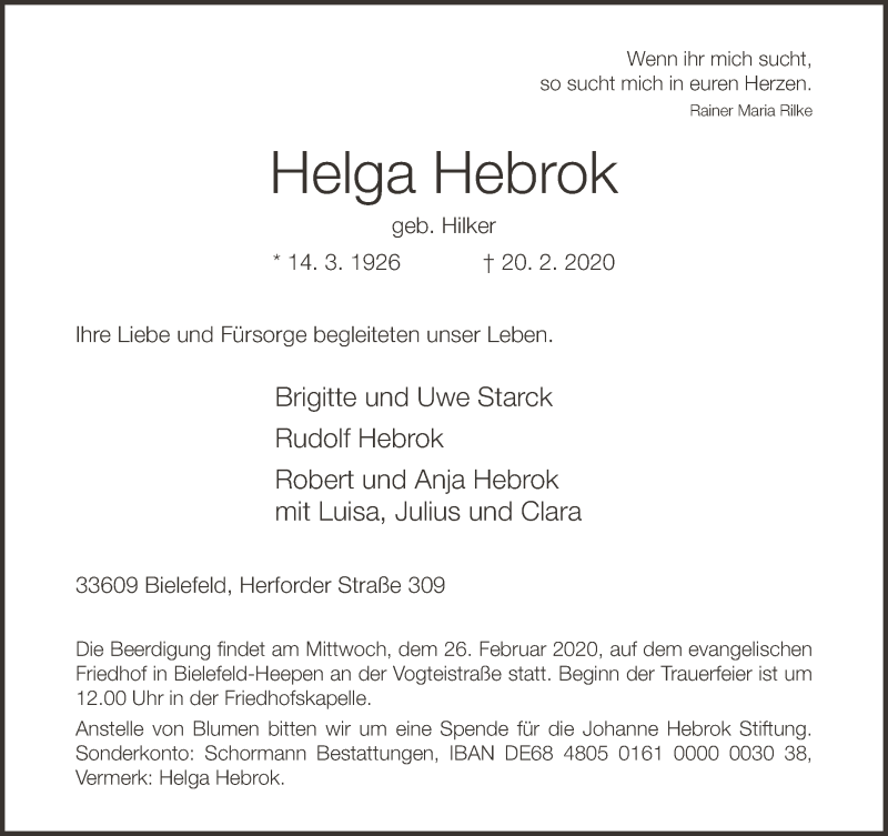  Traueranzeige für Helga Hebrok vom 22.02.2020 aus Neue Westfälische