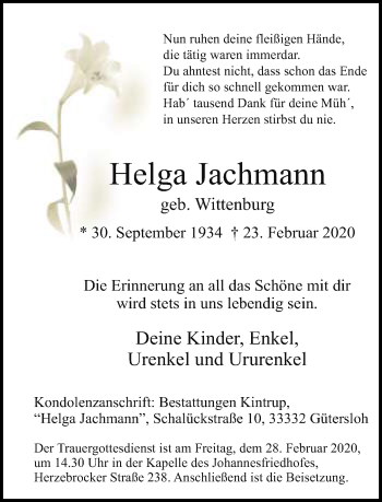 Traueranzeige von Helga Jachmann von Neue Westfälische