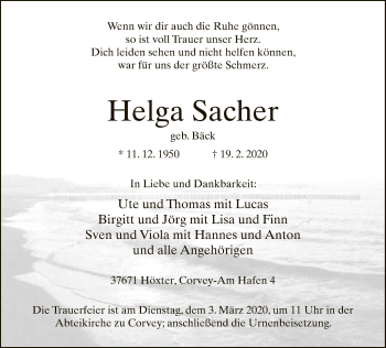 Traueranzeige von Helga Sacher von Neue Westfälische