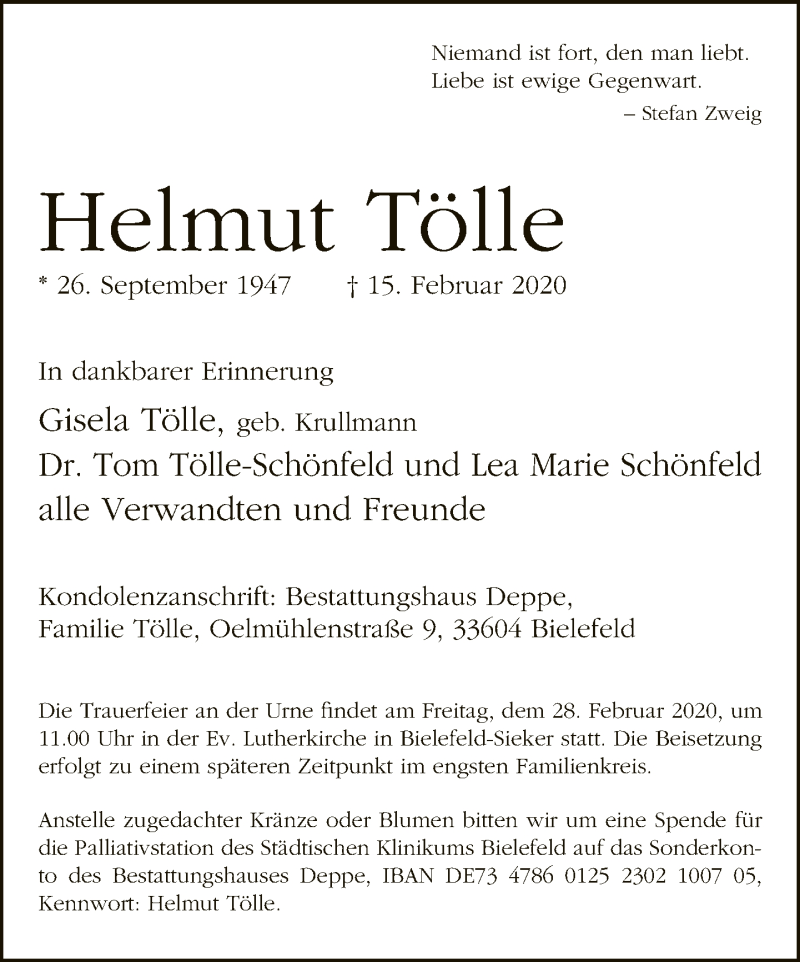  Traueranzeige für Helmut Tölle vom 22.02.2020 aus Neue Westfälische