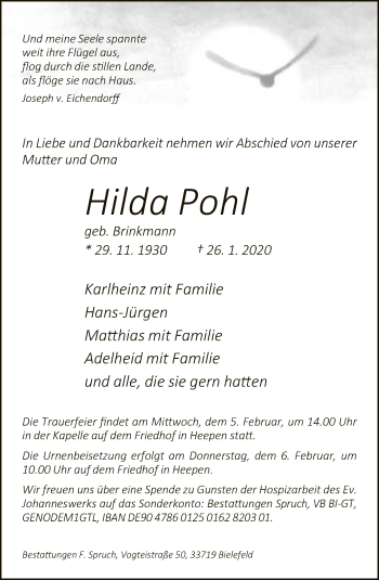 Traueranzeige von Hilda Pohl von Neue Westfälische