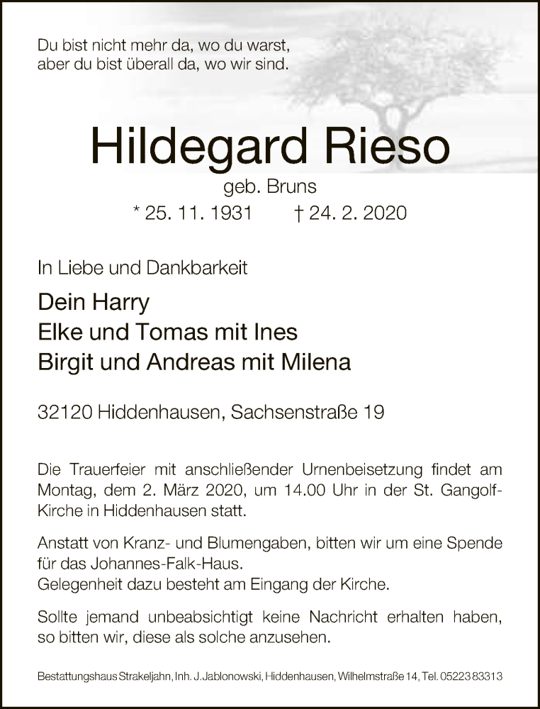  Traueranzeige für Hildegard Rieso vom 27.02.2020 aus Neue Westfälische