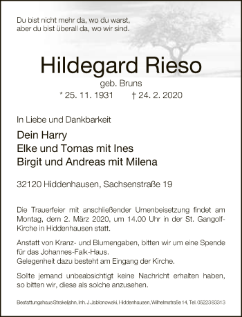 Traueranzeige von Hildegard Rieso von Neue Westfälische
