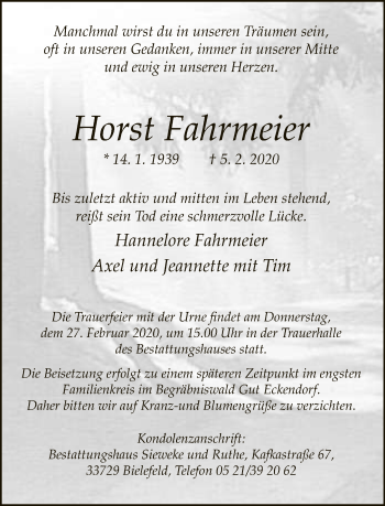 Traueranzeige von Horst Fahrmeier von Neue Westfälische