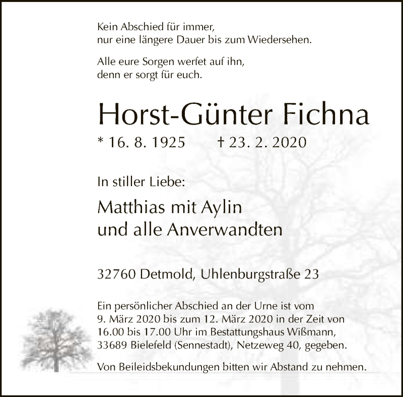  Traueranzeige für Horst-Günter Fichna vom 29.02.2020 aus Neue Westfälische