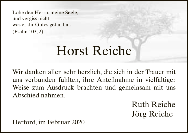  Traueranzeige für Horst Reiche vom 15.02.2020 aus Neue Westfälische