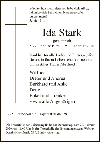 Traueranzeige von Ida Stark von Neue Westfälische