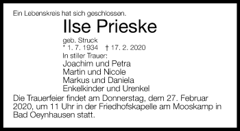 Traueranzeige von Ilse Prieske von Neue Westfälische