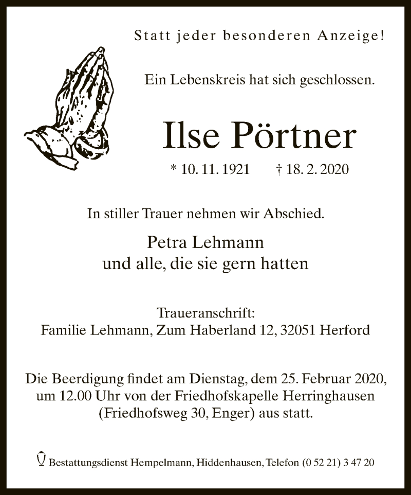  Traueranzeige für Ilse Pörtner vom 21.02.2020 aus Neue Westfälische