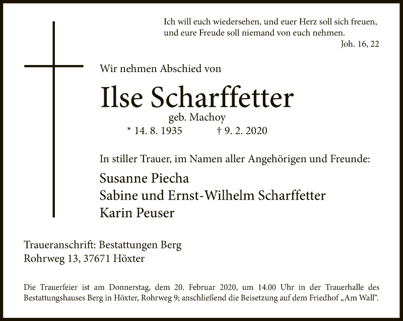  Traueranzeige für Ilse Scharffetter vom 11.02.2020 aus Neue Westfälische