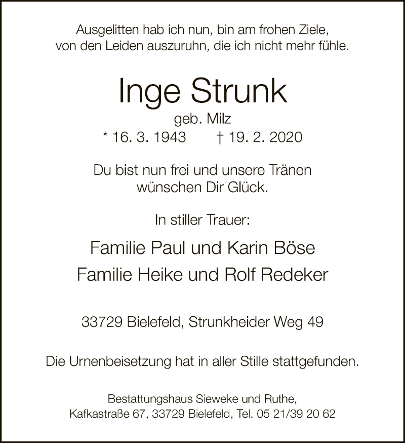  Traueranzeige für Inge Strunk vom 29.02.2020 aus Neue Westfälische