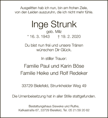 Traueranzeige von Inge Strunk von Neue Westfälische