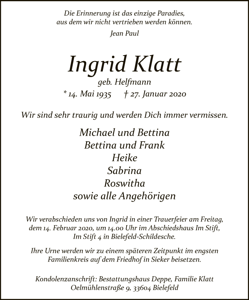  Traueranzeige für Ingrid Klatt vom 08.02.2020 aus Neue Westfälische