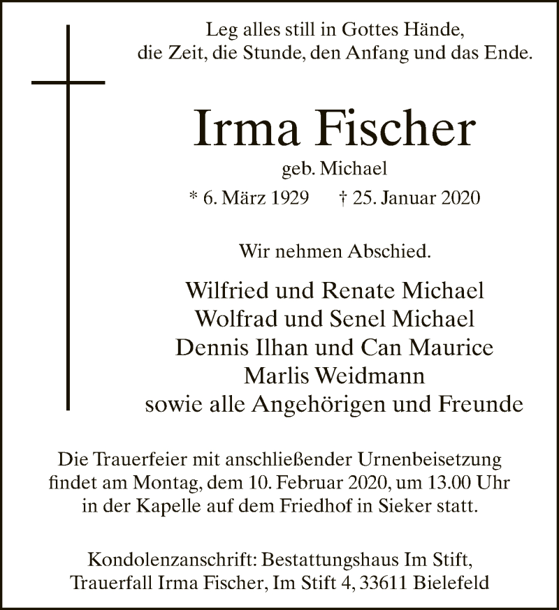  Traueranzeige für Irma Fischer vom 05.02.2020 aus Neue Westfälische