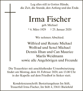 Traueranzeige von Irma Fischer von Neue Westfälische