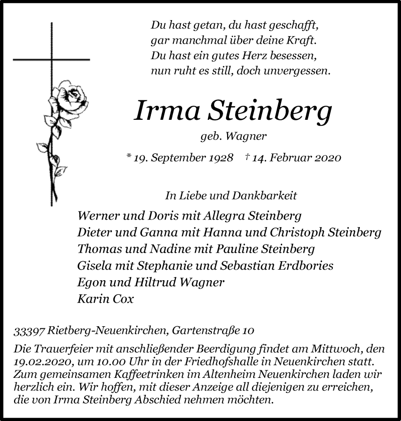  Traueranzeige für Irma Steinberg vom 17.02.2020 aus Neue Westfälische