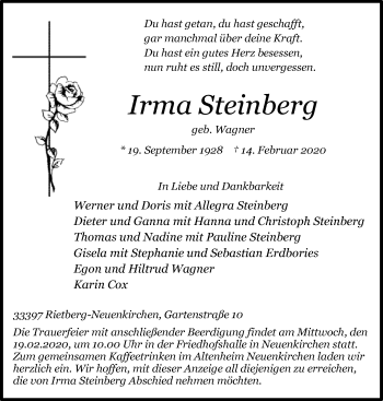 Traueranzeige von Irma Steinberg von Neue Westfälische