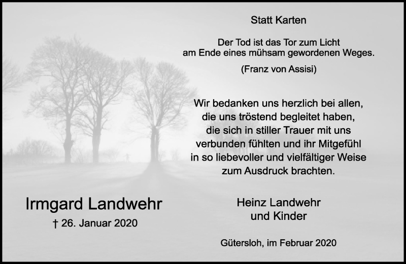  Traueranzeige für Irmgard Landwehr vom 15.02.2020 aus Neue Westfälische