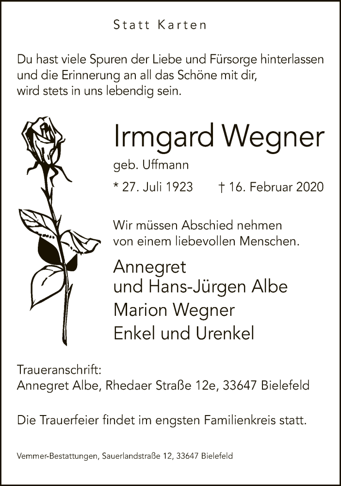  Traueranzeige für Irmgard Wegner vom 19.02.2020 aus Neue Westfälische