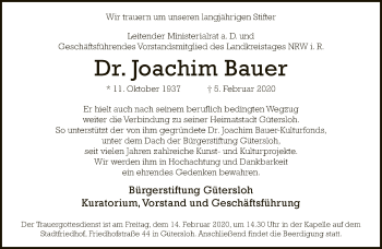Traueranzeige von Joachim Bauer von Neue Westfälische