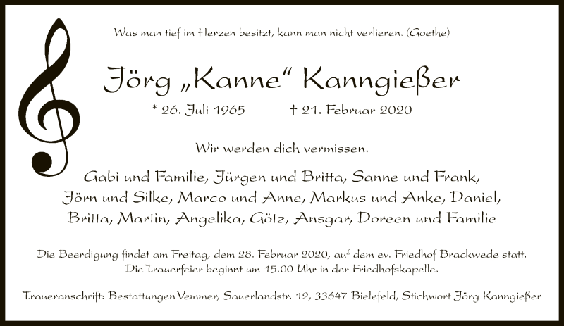  Traueranzeige für Jörg Kanngießer vom 26.02.2020 aus Neue Westfälische