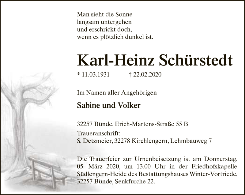  Traueranzeige für Karl-Heinz Schürstedt vom 29.02.2020 aus Neue Westfälische